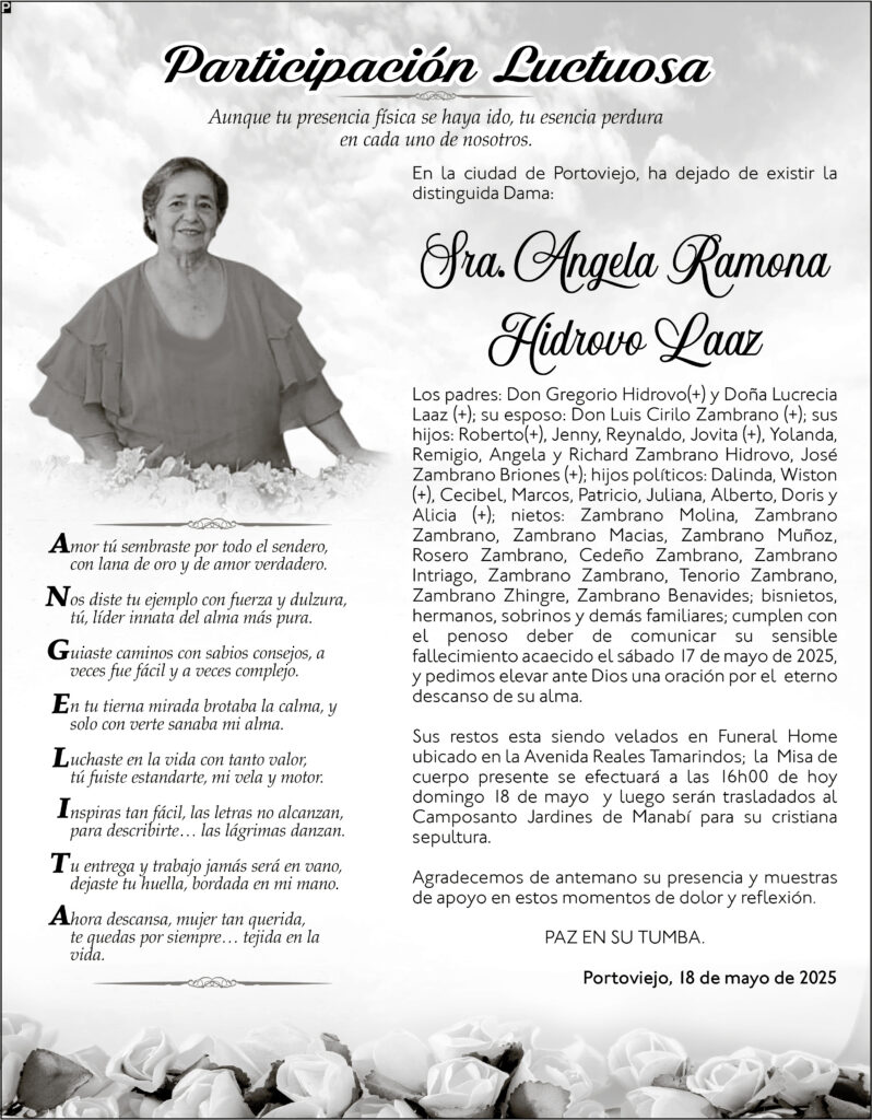 PARTICIPACIÓN LUCTUOSA: Sra. Angela Ramona Hidrovo Laaz