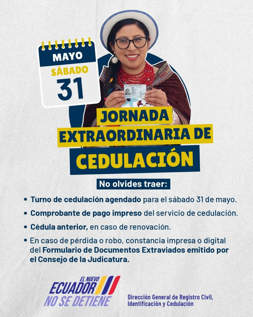 Registro Civil de Ecuador abre jornada extraordinaria de cedulación el 31 de mayo