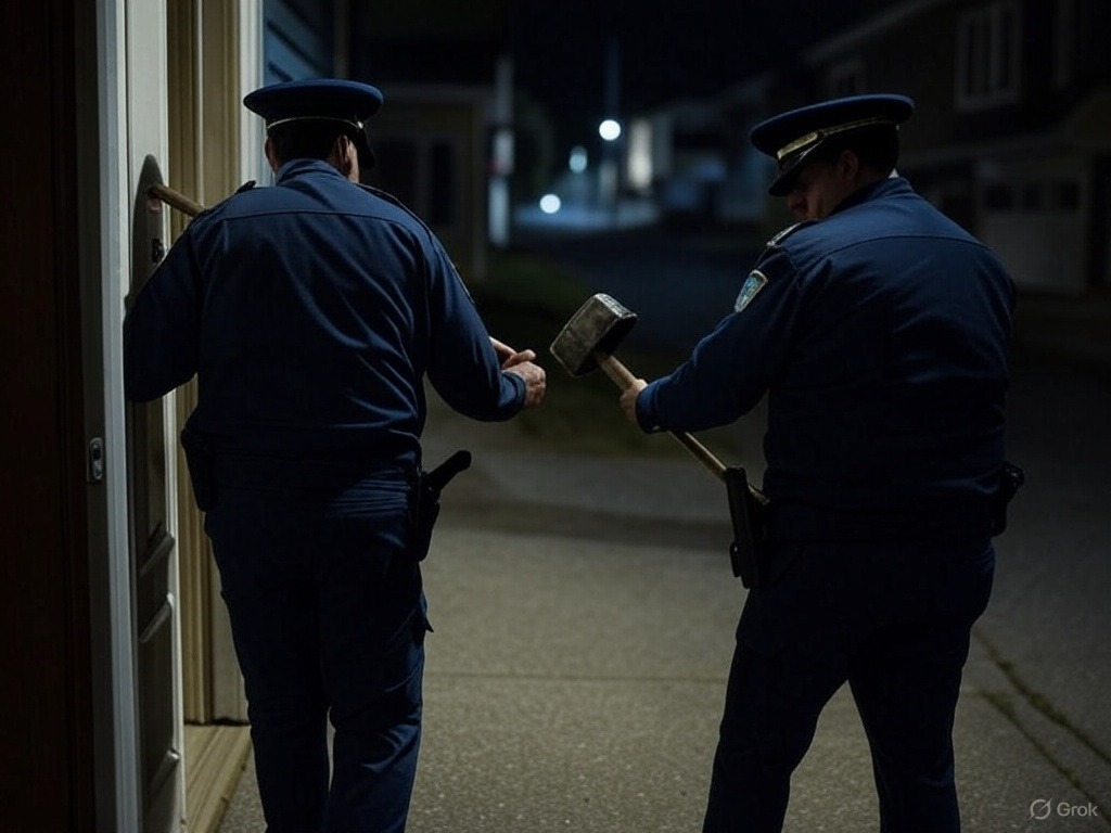 Individuos disfrazados de policías intentaron tumbar la puerta de una casa para secuestrar a un hombre.
