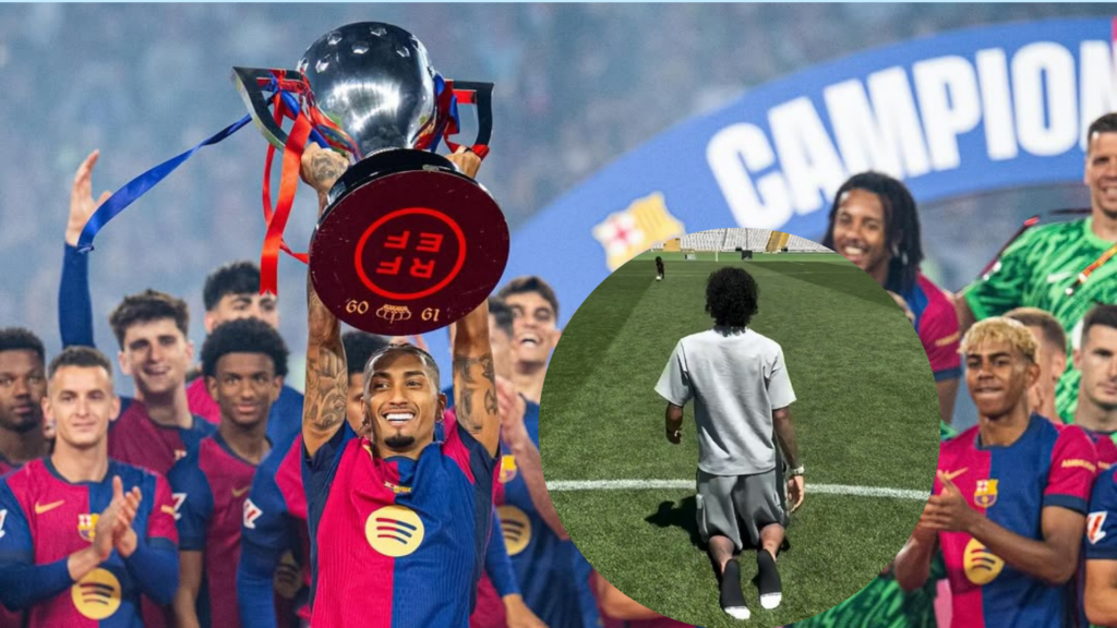 Raphinha cruza de rodillas el césped del Estadio Olímpico tras ganar LaLiga