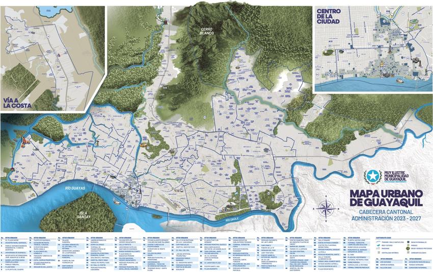 El mapa urbano, de 90 x 59 cm, identifica 113 hitos urbanos, incluyendo escuelas, parques, sitios turísticos y avenidas principales.