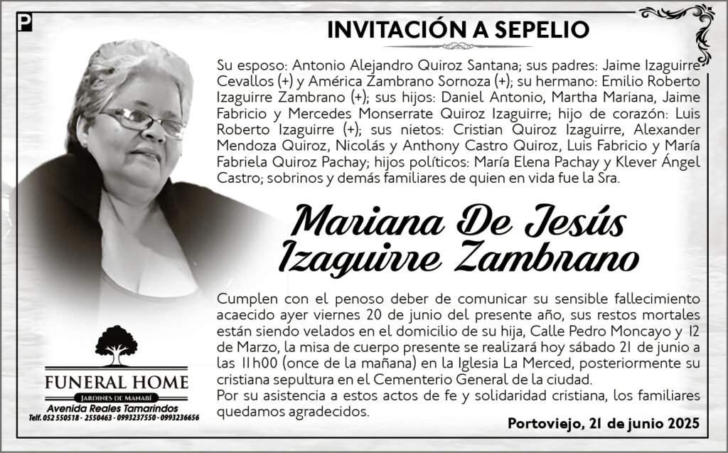 INVITACIPON A SEPELIO: Mariana De Jesús Izaguirre Zambrano