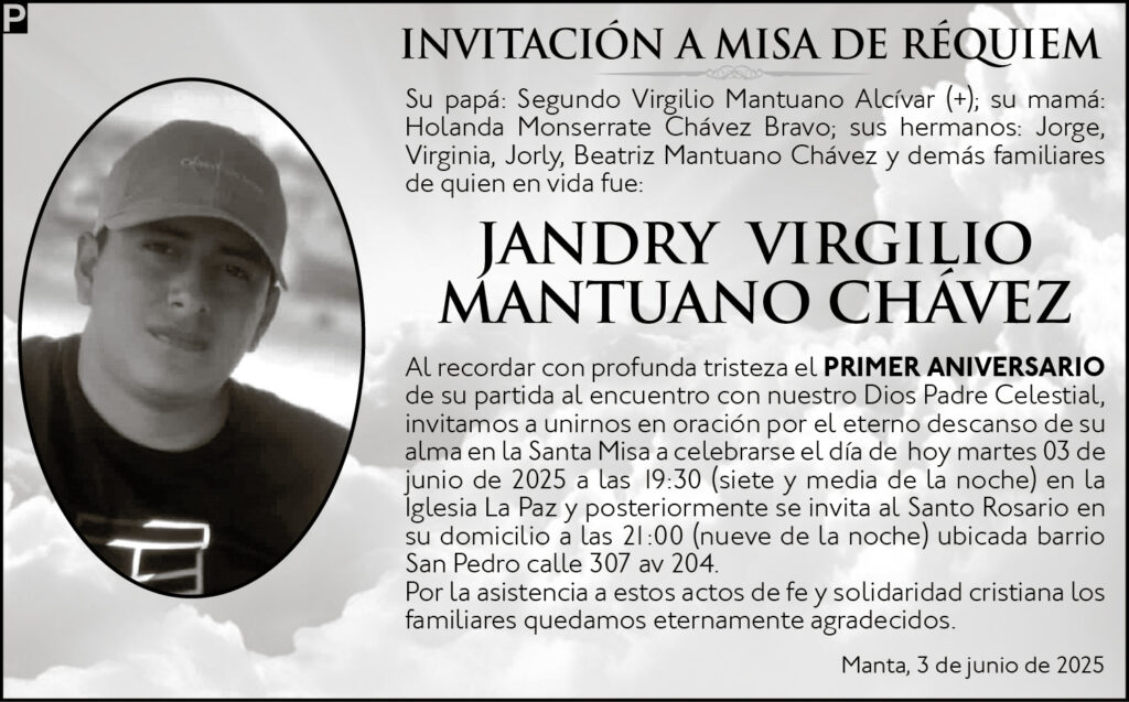 INVITACIÓN A MISA: Jandry Virgilio Mantuano Chávez
