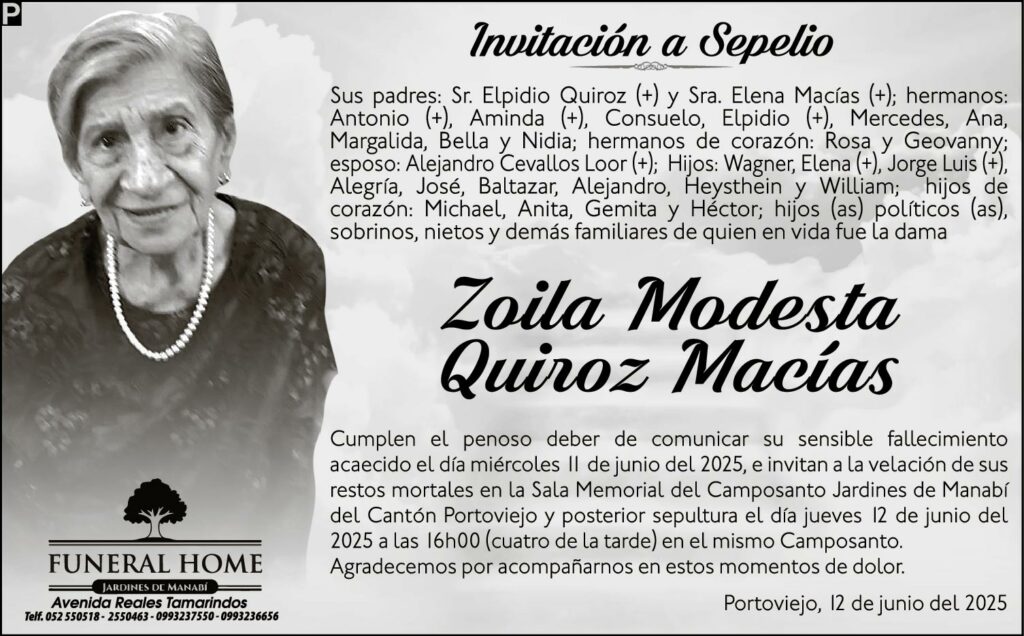 INVITACIÓN A SEPELIO: Zoila Modesta Quiroz Macías