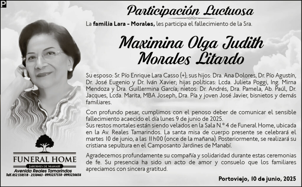 INVITACIÓN SEPELIO: Maximina Olga Judith Morales Litardo