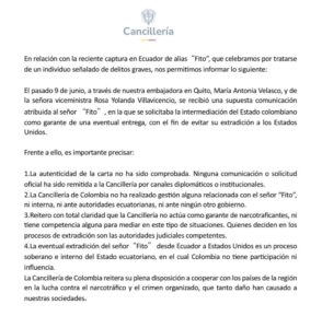 Cancillería de Colombia niega rol en mediación para evitar extradición de alias 'Fito' a Estados Unidos