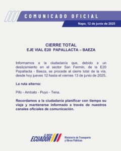Cierre total de la vía E20 Papallacta - Baeza tras deslizamientos de tierra en San Fermín
