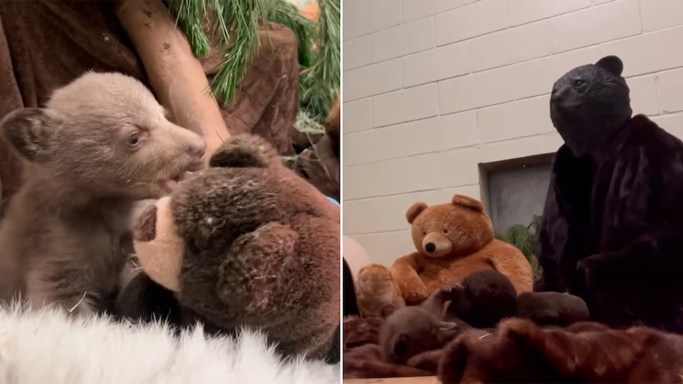 Cuidadores de Centro de Vida Silvestre se disfrazan de osos para criar a un osezno huérfano