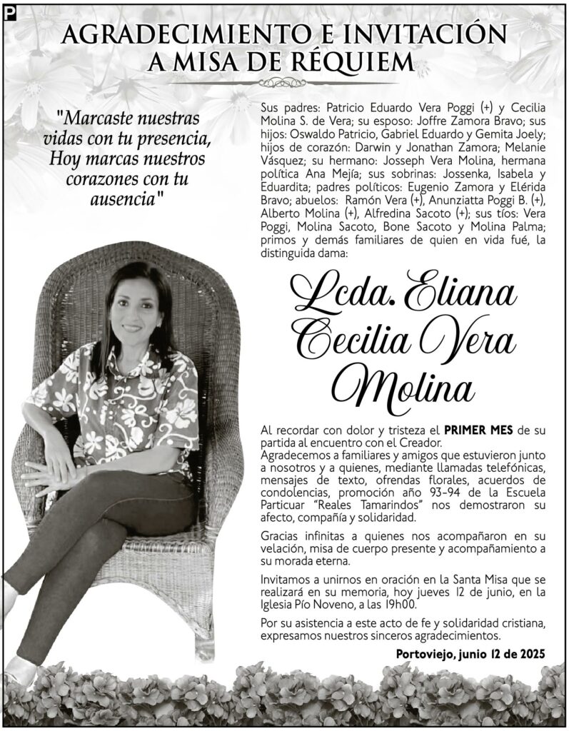 AGRADECIMIENTO E INVITACIÓN A MISA: Lcda. Eliana Cecilia Vera Molina