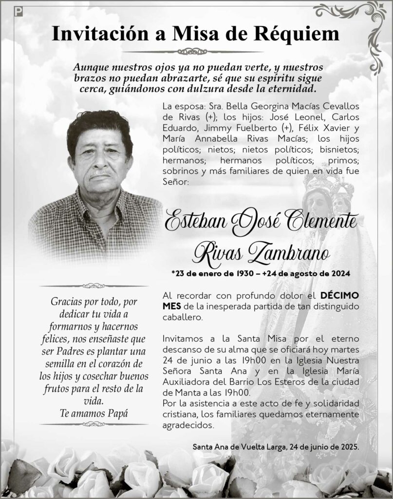 INVITACIÓN A MISA: Esteban José Clemente Rivas Zambrano