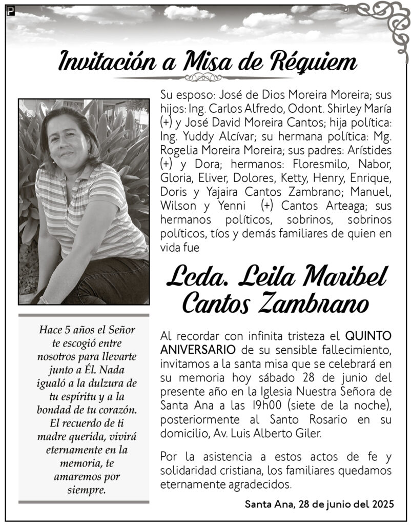 INVITACIÓN A MISA: Lcda. Leila Maribel Cantos Zambrano