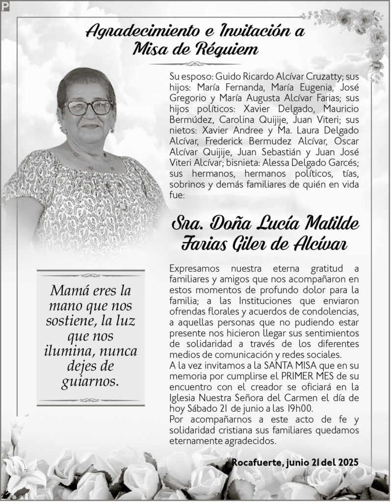INVITACIÓN A MISA: Sra. Doña Lucía Matilde Farias Giler de Alcívar