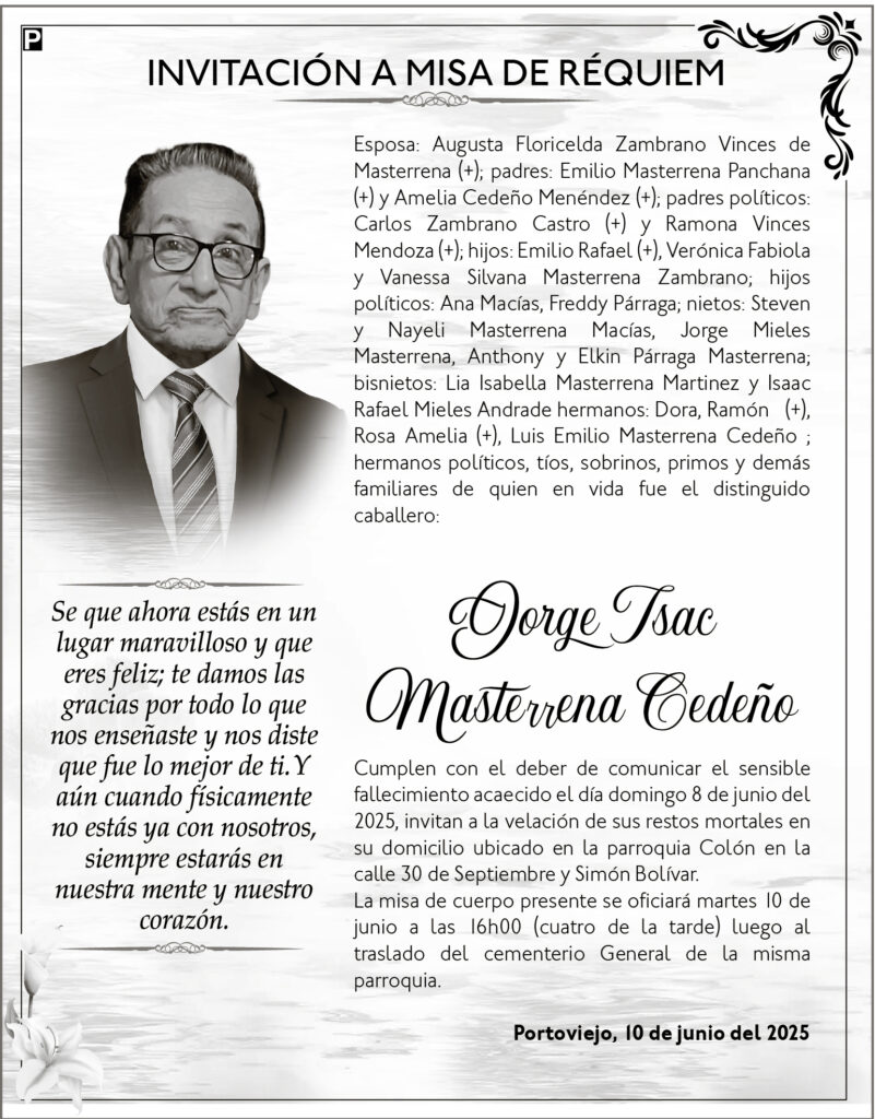 INVITACIÓN A MISA: Jorge Isac Masterrena Cedeño