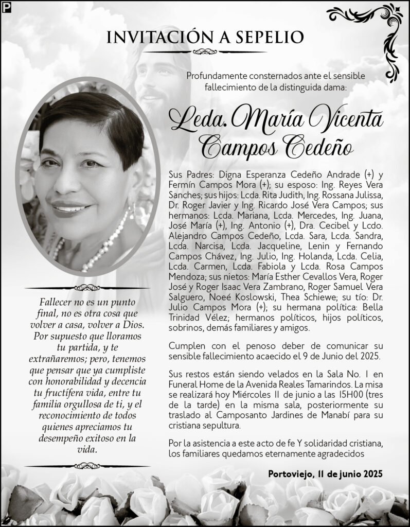 INVITACIÓN A SEPELIO: Lcda. María Vicenta Campos Cedeño