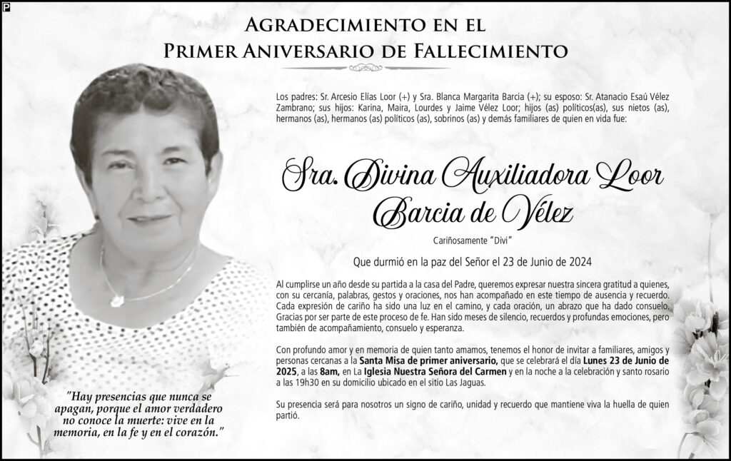 AGRADECIMIENTO: Sra. Divina Auxiliadora Loor Barcia de Vélez