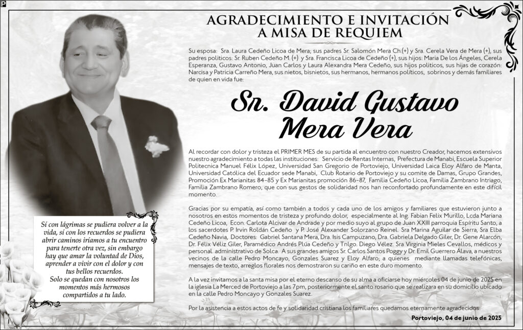 AGRADECIMIENTO E INVITACIÓN A MISA: Sr. David Gustavo Mera Vera