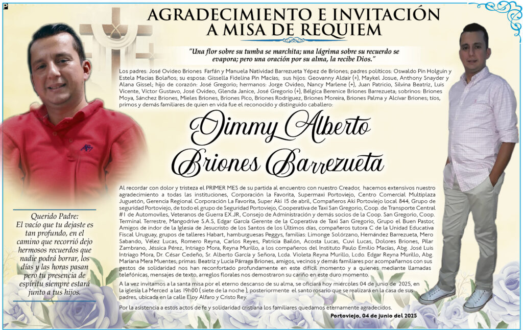 AGRADECIMIENTO E INVITACIÓN A MISA: Jimmy Alberto Briones Barrezueta