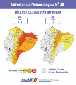 Inamhi alerta sobre lluvias intensas en Esmeraldas y Amazonía entre el 1 y 3 de julio