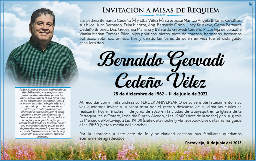 INVITACIÓN A MISA: Bernanaldo Geovadi Cedeño Vélez
