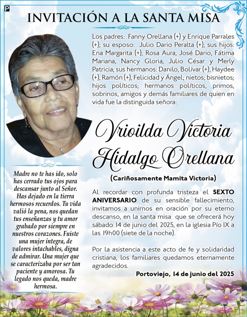 INVITACIÓN A LA SANTA MISA: Vrioilda Victoria Hidalgo Orellana
