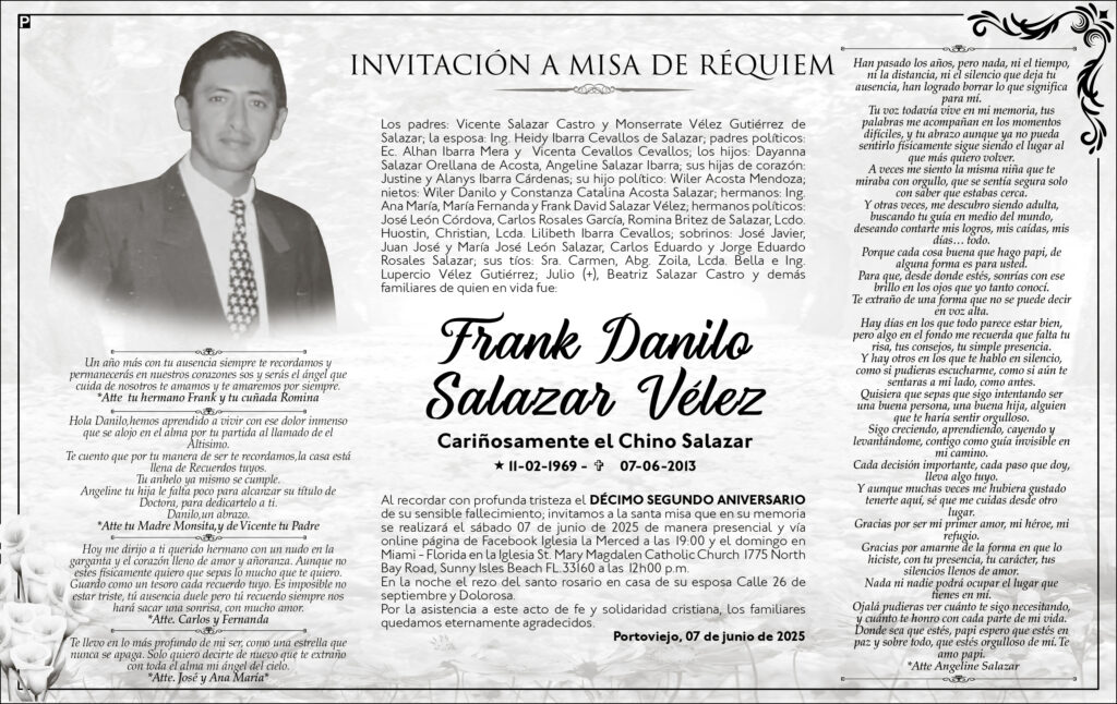 INVITACIÓN A MISA: Frank Danilo Salazar Vélez