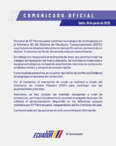 Oleoducto transecuatoriano sufre nueva rotura en el sector El Reventador