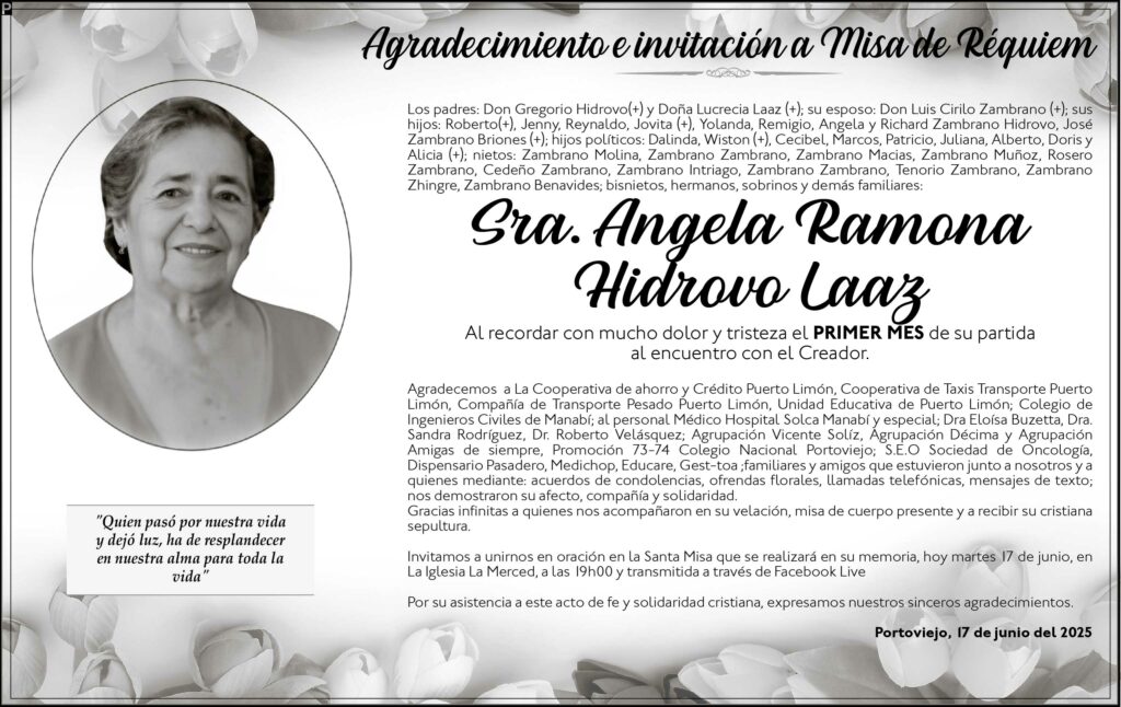 AGRADECIMIENTO E INVITACIÓN A MISA: Sra. Angela Ramona Hidrovo Laaz