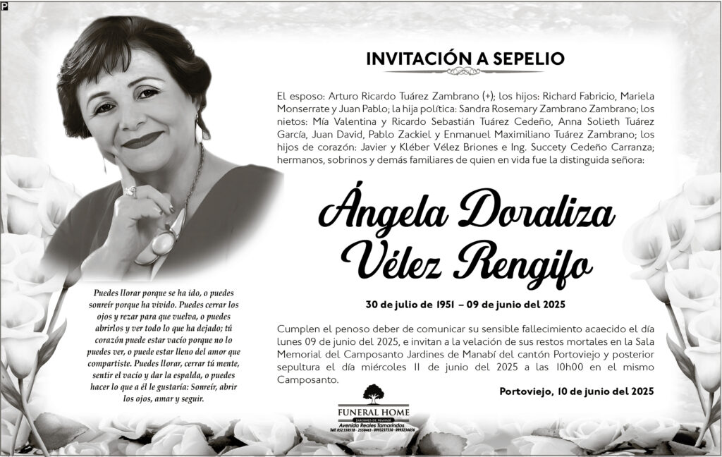 INVITACIÓN A SEPELIO: Ángela Doraliza Vélez Rengifo