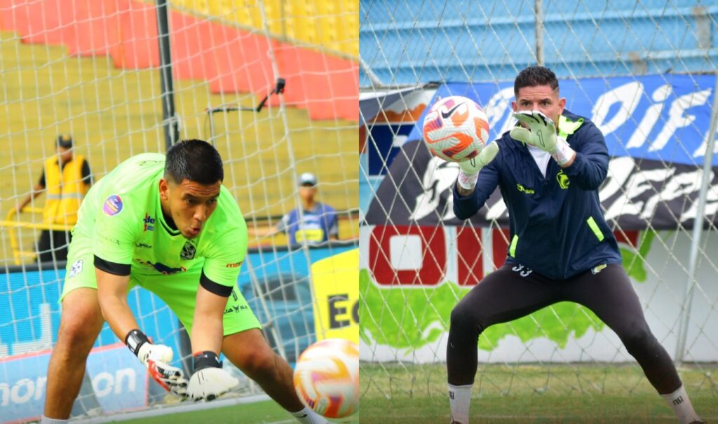 Walter Chévez (izq.) y Brian Heras, arqueros del Manta FC y Delfín SC.