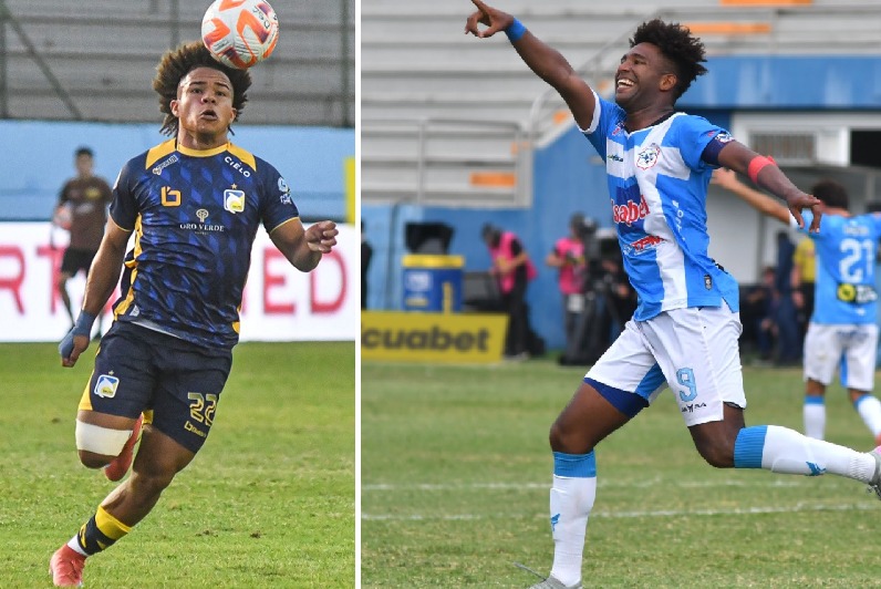 Erick Mendoza y Daniel Valencia, delanteros de Delfín y Manta respectivamente.