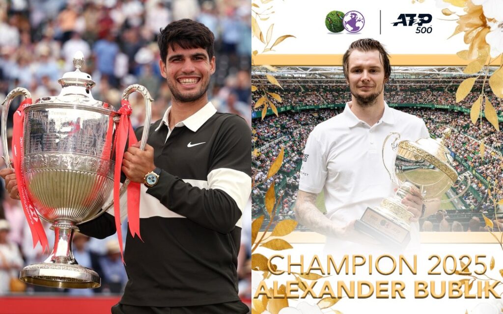 Los tenistas Carlos Alcaraz y Alexander Bublik con sus respectivos trofeos