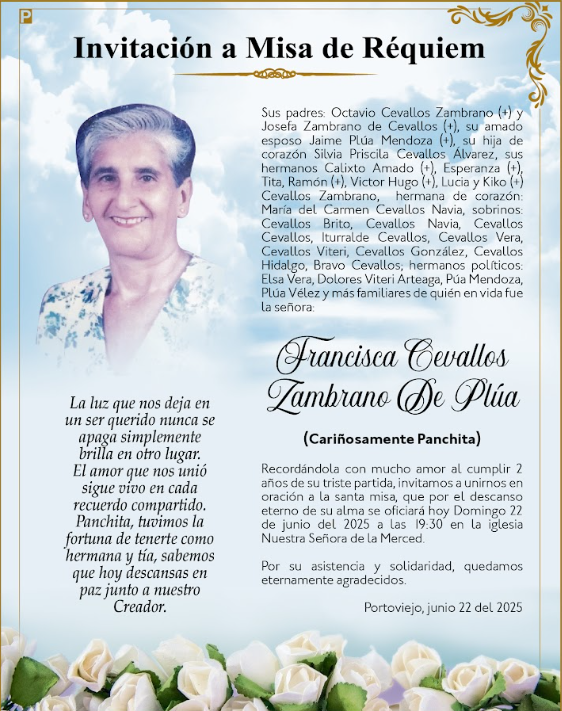 INVITACIÓN A MISA: Francisca Cevallos Zambrano De Plúa