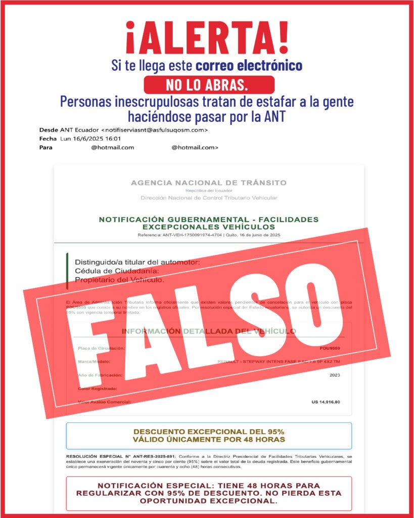ANT alerta sobre estafas vía correo electrónico con falsas notificaciones de deudas por infracciones de tránsito