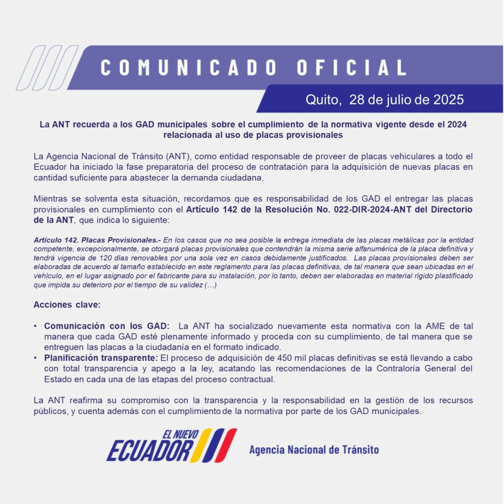ANT exige a municipios de Ecuador cumplir con formato oficial de placas provisionales