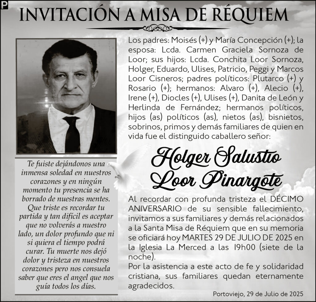 INVITACIÓN A MISA: Holger Salustio Loor Pinargote
