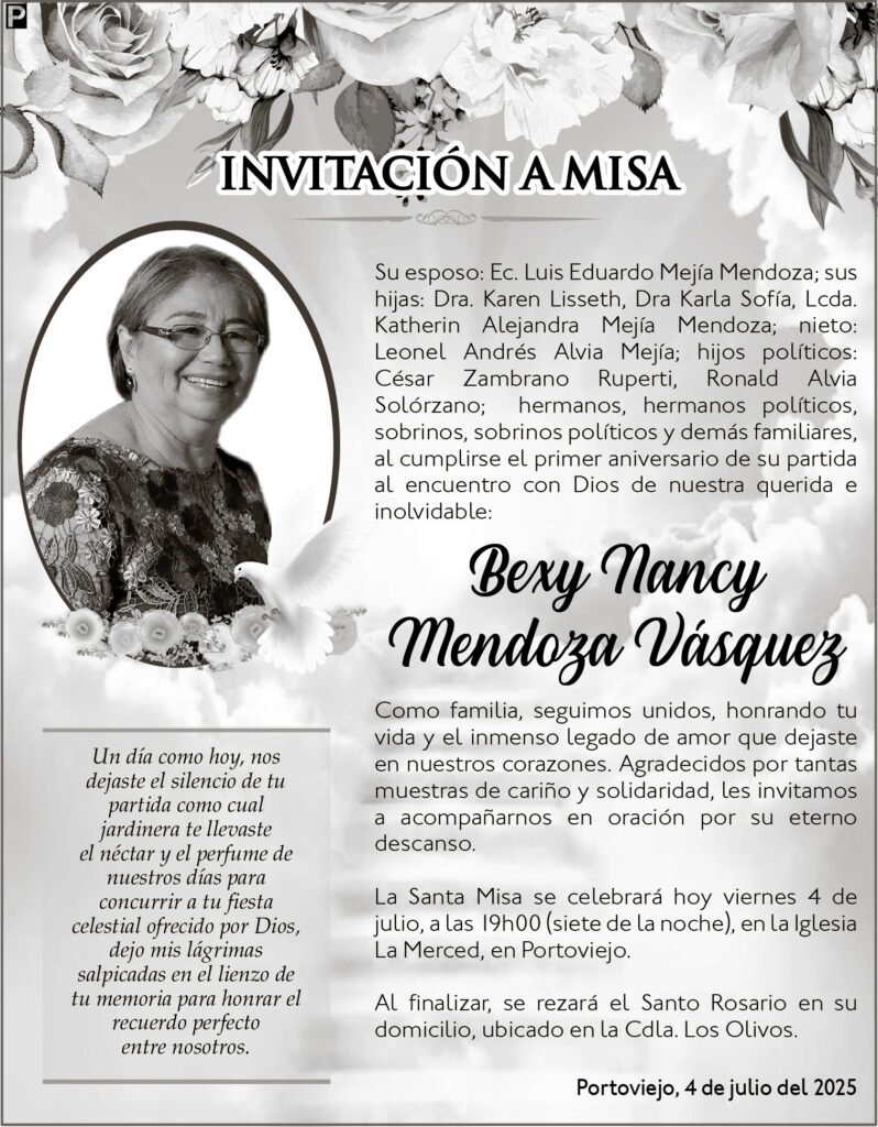 INVITACIÓN A MISA: Bexy Nancy Mendoza Vásquez