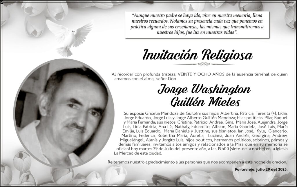 INVITACIÓN A MISA: Jorge Washington Guillén Mieles
