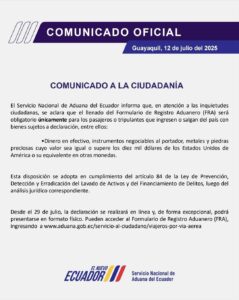 Ecuador modifica requisitos del Formulario de Registro Aduanero para viajeros