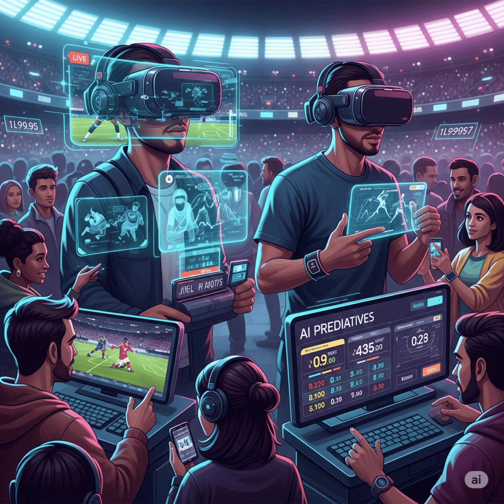 Ilustración futurista de personas usando realidad virtual y análisis de datos para apuestas deportivas en un estadio.