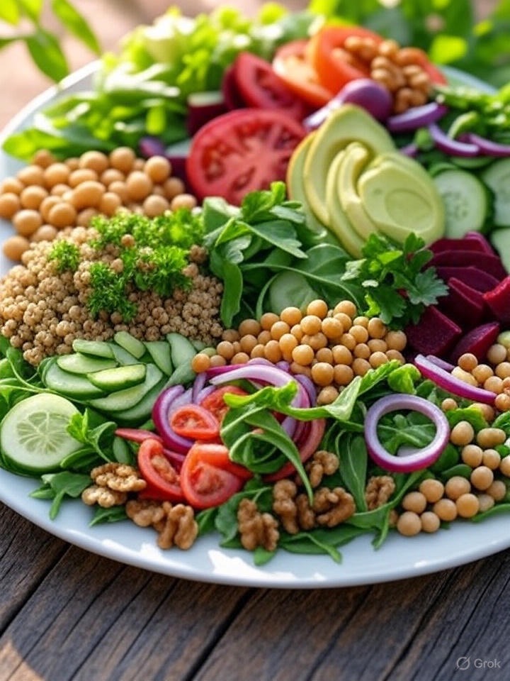 Cinco platos de ensaladas variadas