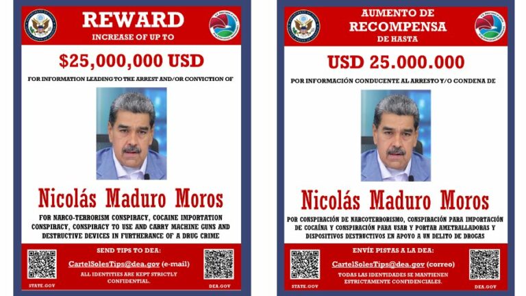 La DEA ofrece $25 millones de recompensa por la captura de Nicolás Maduro, presidente de Venezuela
