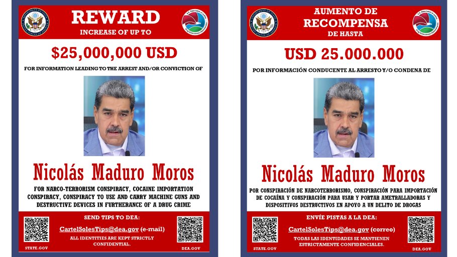 La DEA ofrece $25 millones de recompensa por la captura de Nicolás Maduro, presidente de Venezuela