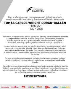 Fallece Tommy Wright, fundador de Corporación La Favorita, a los 94 años