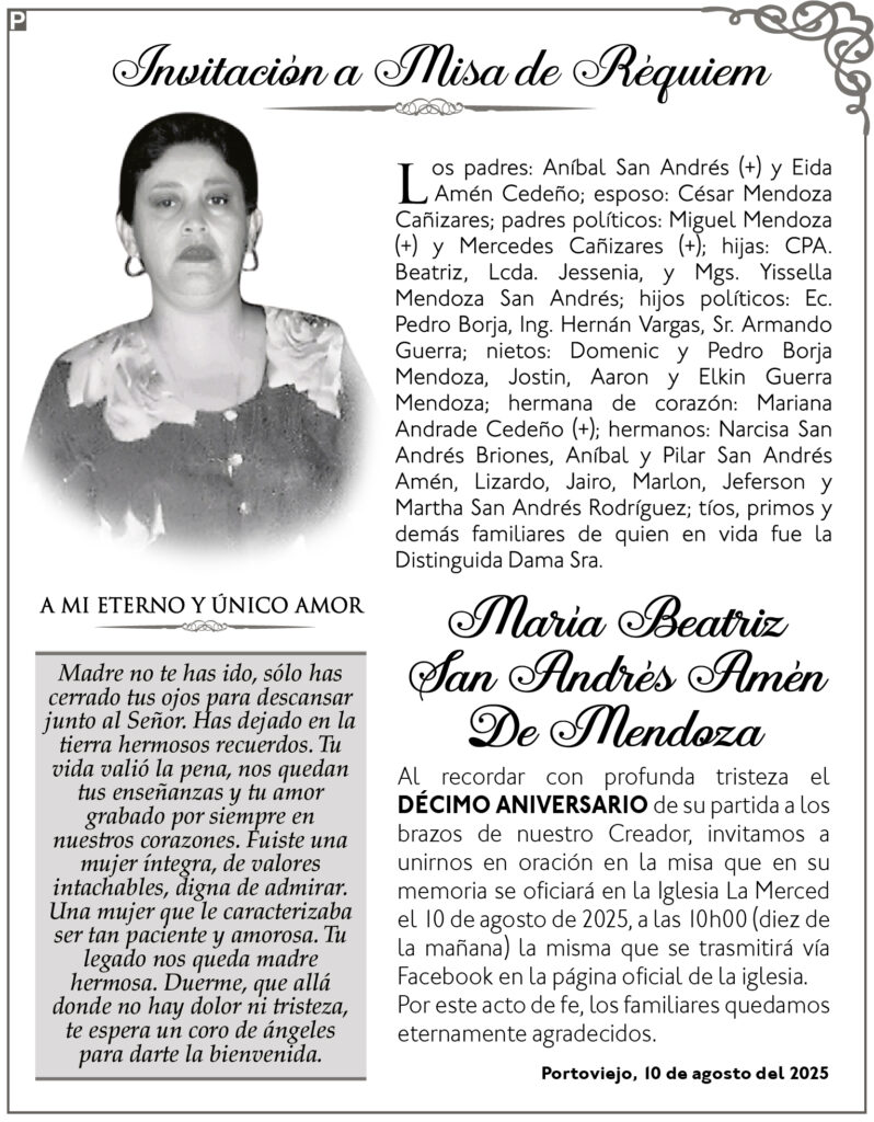 INVITACIÓN A MISA: María Beatriz San Andrés Amén De Mendoza