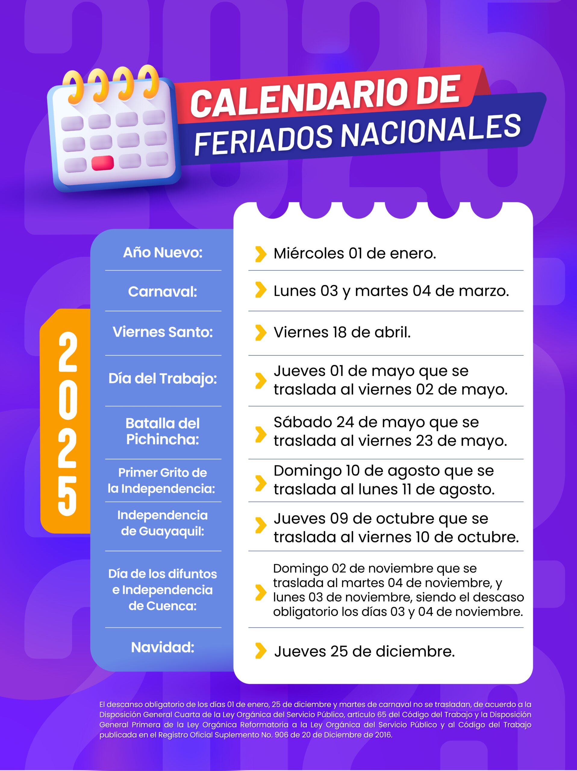 Conoce el calendario oficial de feriados en Ecuador de 2026 a 2030 para fomentar el turismo y la planificación familiar