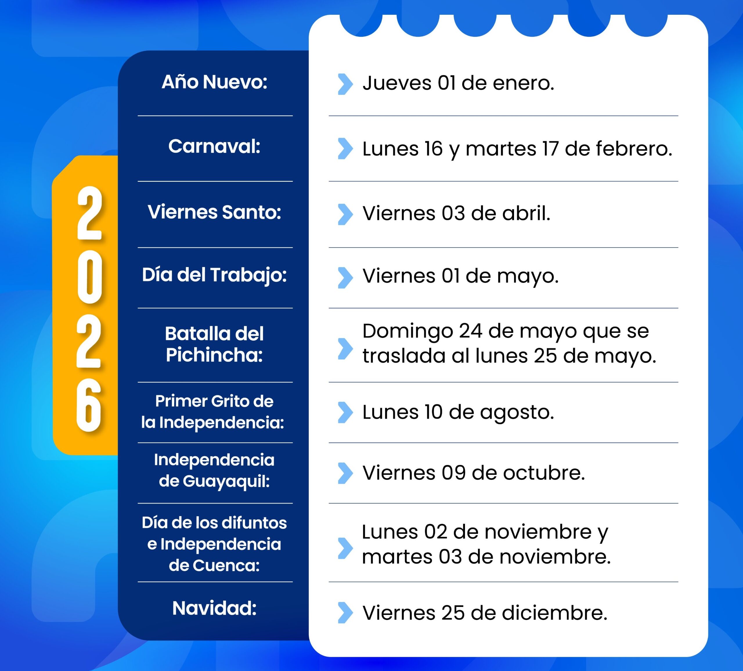 Conoce el calendario oficial de feriados en Ecuador de 2026 a 2030 para fomentar el turismo y la planificación familiar