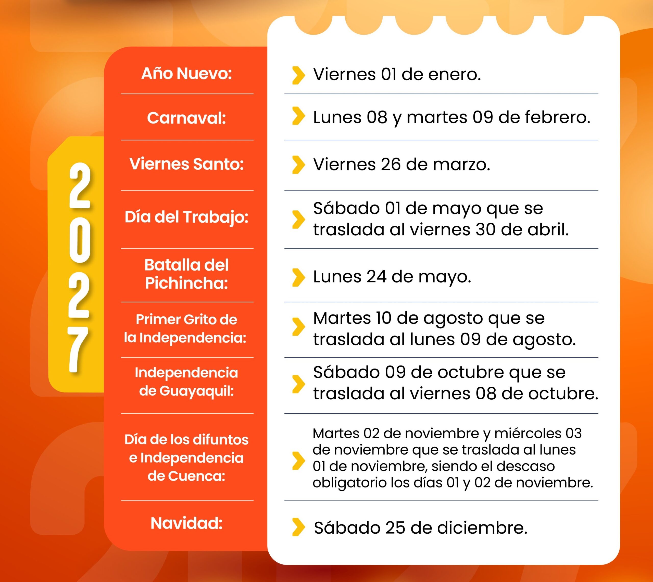 Conoce el calendario oficial de feriados en Ecuador de 2026 a 2030 para fomentar el turismo y la planificación familiar