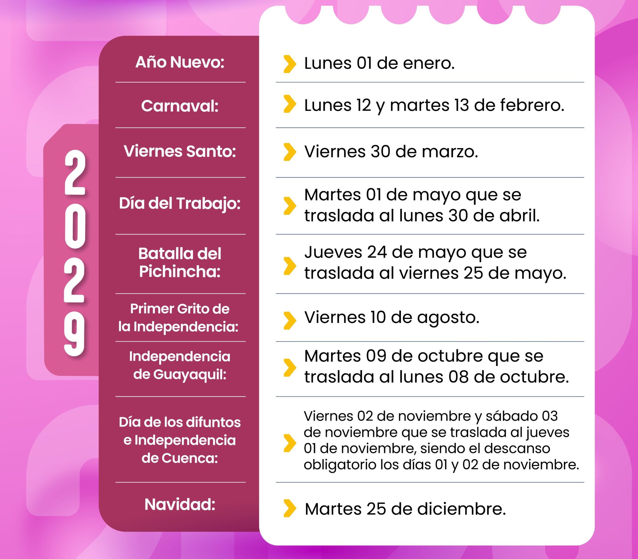 Conoce el calendario oficial de feriados en Ecuador de 2026 a 2030 para fomentar el turismo y la planificación familiar