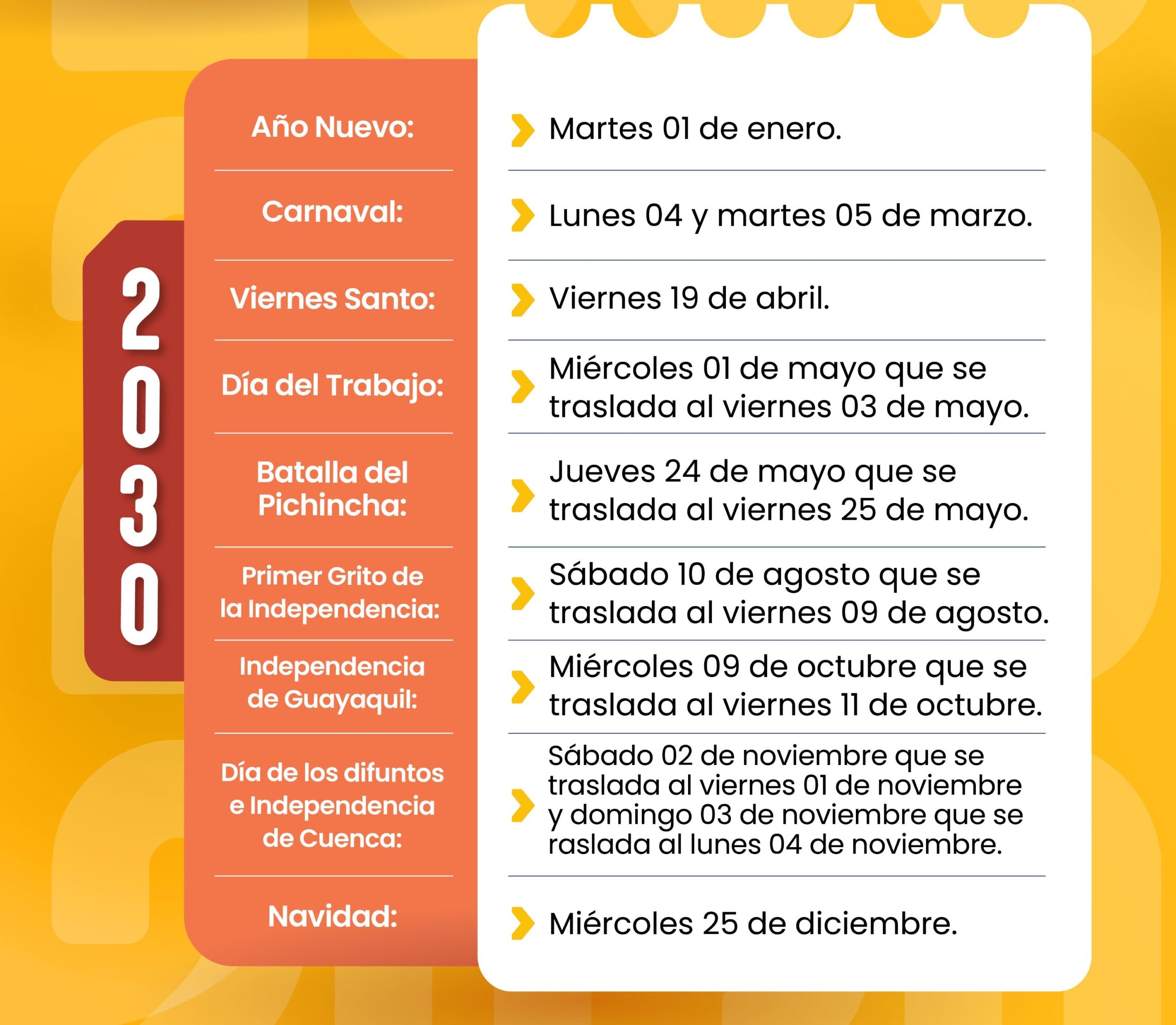 Conoce el calendario oficial de feriados en Ecuador de 2026 a 2030 para fomentar el turismo y la planificación familiar