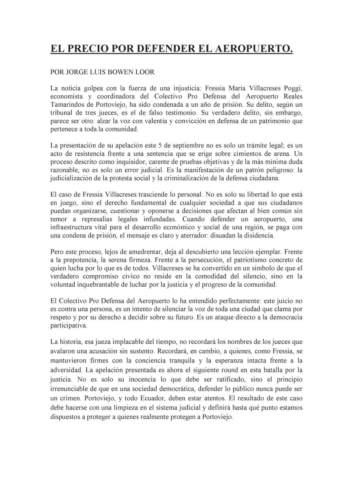 Fressia Villacreses presenta recurso de apelación contra condena de prisión